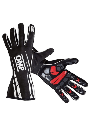Black and red racing gloves from Grand Prix Racewear with protective padding and grip features for motorsport safety.