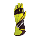 High-visibility yellow and black Grand Prix Racewear racing glove with protective padding and branding for motorsport safety.