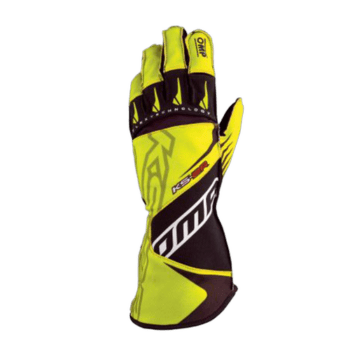 High-visibility yellow and black Grand Prix Racewear racing glove with protective padding and branding for motorsport safety.