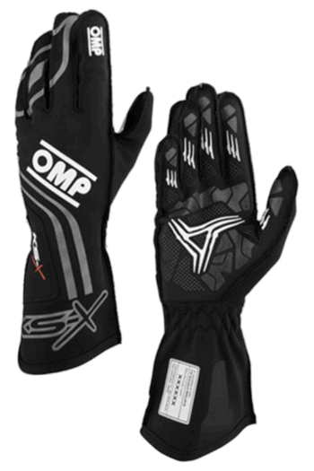 Black racing gloves with white and grey accents from Grand Prix Racewear, designed for motorsport enthusiasts and professional racers.