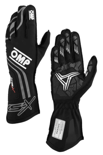 Black and grey Grand Prix Racewear racing gloves with protective padding and grip features for motorsport enthusiasts.
