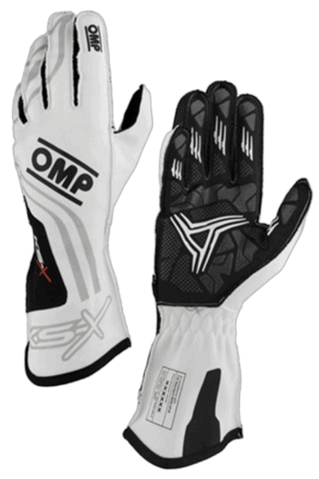 Pair of OMP Grand Prix Racewear racing gloves in black and white with branding, designed for motorsport safety and performance.