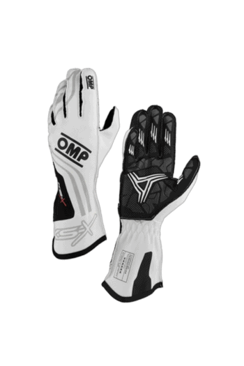 Pair of OMP Grand Prix Racewear racing gloves in black and white, designed for motorsport enthusiasts and professional drivers.