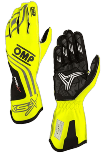 High-visibility yellow and black Grand Prix Racewear racing gloves with protective padding and grip features for motorsport enthusiasts.