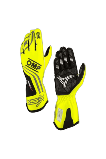 High-visibility yellow and black racing gloves from Grand Prix Racewear, designed for motorcycling and racing safety.