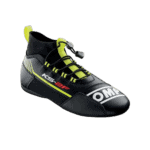 High-performance racing shoe from Grand Prix Racewear with black and neon yellow design, featuring OMP branding and advanced lacing system for motorsport safety.