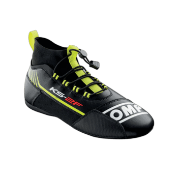 High-performance Grand Prix racing shoe from GPR Direct with black, yellow, and white design, featuring OMP branding and advanced lacing system.