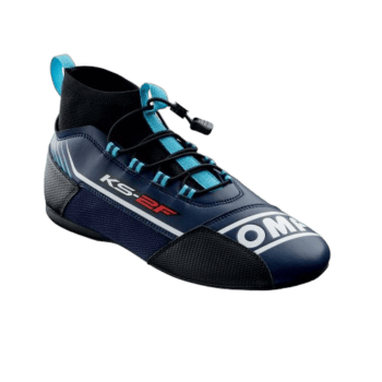 Grand Prix Racewear racing shoe with blue, black, and grey design, featuring laces and ankle support, ideal for motorsport enthusiasts.