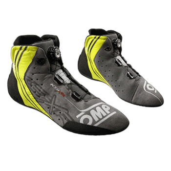 High-performance racing shoes from Grand Prix Racewear with advanced closure system and vibrant yellow and black design for motorsport enthusiasts.