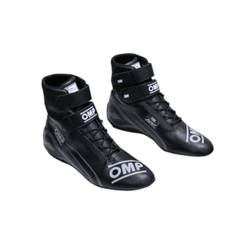 Black OMP racing shoes with Velcro straps and laces, designed for motorsport safety and performance.