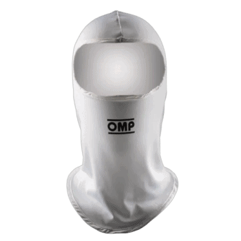 White racing balaclava by OMP, designed for motorsport safety and comfort, featuring a sleek, aerodynamic fit for race drivers.