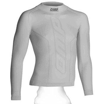 White Grand Prix Racewear racing shirt with OMP logo, designed for motorsport safety and performance.