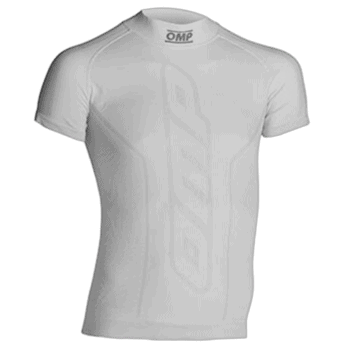 White Grand Prix Racewear racing shirt with OMP logo, designed for motorsport safety and performance.