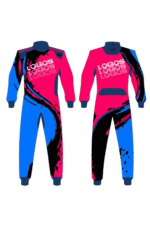 Motocross racing suits with vibrant pink, blue, and black design featuring logos, designed for Grand Prix Racewear.