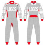 Grand Prix Racewear racing suit with grey, red, and white design, featuring logos and grid pattern for motorsport enthusiasts.
