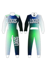 Grand Prix Racewear racing suits with green, blue, and white design featuring logos, ideal for motorsport enthusiasts and professional racers.
