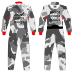 Grand Prix Racewear racing suit in grey camouflage with red accents, featuring multiple logo placements for motorsport events.