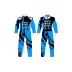 Blue and black Grand Prix racewear suit with logo branding, designed for motorsport safety and performance.