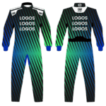 Grand Prix Racewear racing suit with green, blue, and black diagonal stripes and multiple logo placements for motorsport events.