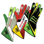 Grand Prix Racewear racing gloves featuring Tony Kart, Birel ART, and Monster Energy designs for motorsport enthusiasts.