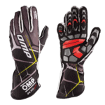 Pair of racing gloves from Grand Prix Racewear, designed for motorsport safety and performance, featuring black, red, and grey colours with protective padding.