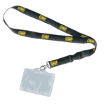 Black OMP lanyard with yellow logo and clear plastic badge holder for racewear identification.