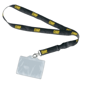 Black OMP lanyard with yellow logo and clear plastic badge holder for racewear identification.