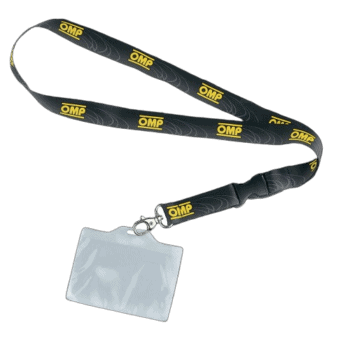 Black OMP lanyard with yellow logo and clear plastic badge holder for racewear identification.