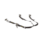 Black nylon strap with metal hooks for securing a spare wheel in motorsport applications.