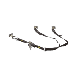 Black nylon strap with metal hooks for securing a spare wheel in motorsport applications.