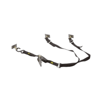 Black nylon strap with metal hooks for securing a spare wheel in motorsport applications.