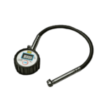 Digital tire pressure gauge with flexible hose for motorsport racing, used for accurate tyre pressure measurement.