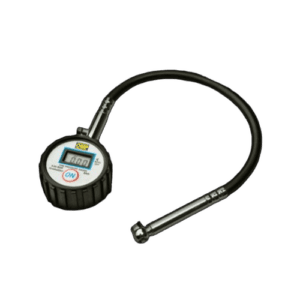 Digital tire pressure gauge with flexible hose for motorsport racing, used for accurate tyre pressure measurement.
