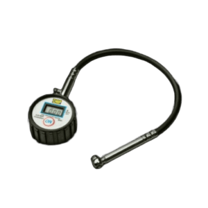 Digital tyre pressure gauge with flexible hose for accurate measurement, suitable for motorsport and automotive use.