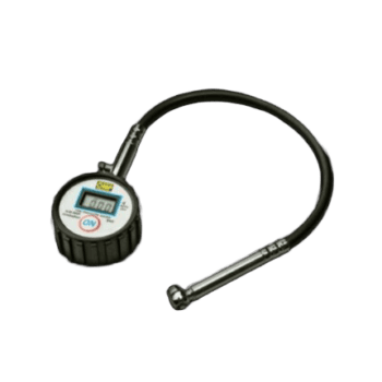 Digital tyre pressure gauge with flexible hose for accurate measurement, suitable for motorsport and automotive use.