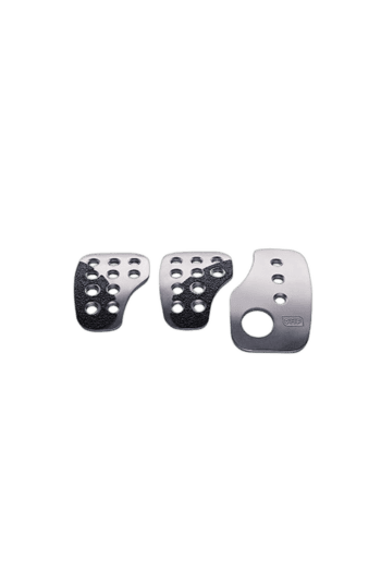 Set of three racing car pedal covers with black and silver design, featuring multiple grip holes for enhanced control and safety.