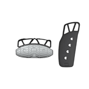 Grand Prix Racewear racing pedal and heel guard for motorcycle or kart racing, black and silver design.