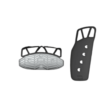 Grand Prix Racewear racing pedal and heel guard for motorcycle or kart racing, black and silver design.