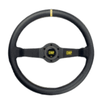 High-performance OMP racing steering wheel designed for motorsport, featuring a black grip and yellow accents for enhanced control and style.