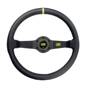 High-performance OMP racing steering wheel designed for motorsport, featuring a black grip and yellow accents for enhanced control and style.