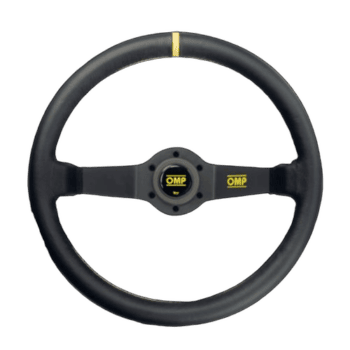 High-performance OMP racing steering wheel designed for motorsport, featuring a black grip and yellow accents for enhanced control and style.