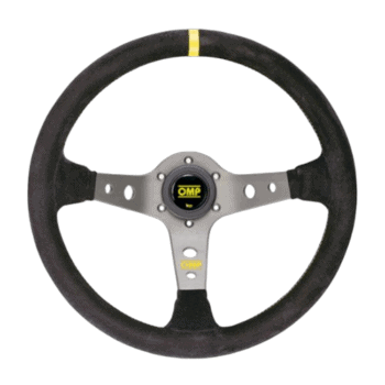 High-performance racing steering wheel with OMP branding, designed for motorsport enthusiasts and professional drivers.