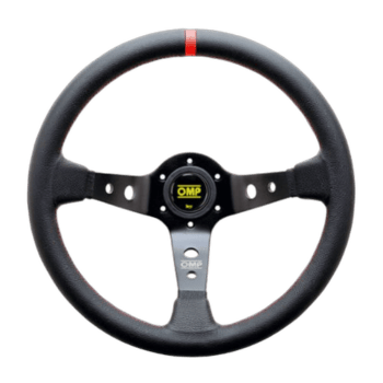 High-performance racing steering wheel by OMP, designed for motorsport enthusiasts and professional drivers.