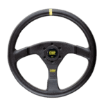 OMP racing steering wheel designed for motorsport, featuring a black grip with yellow accents and ergonomic three-spoke construction.
