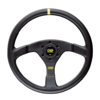 OMP racing steering wheel designed for motorsport, featuring a black grip with yellow accents and ergonomic three-spoke construction.