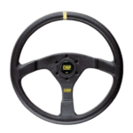 OMP racing steering wheel designed for motorsport, featuring a black finish with yellow accents, ideal for race car drivers seeking high-performance equipment.