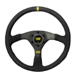 OMP racing steering wheel with black grip and yellow accents, designed for motorsport performance.
