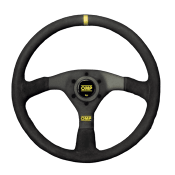 OMP racing steering wheel with black grip and yellow accents, designed for motorsport performance.