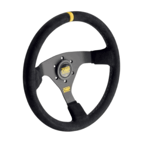 High-performance racing steering wheel from Grand Prix Racewear with OMP branding, designed for motorsport enthusiasts and professional drivers.