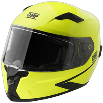 High-visibility yellow racing helmet by OMP, designed for motorsport safety and performance.